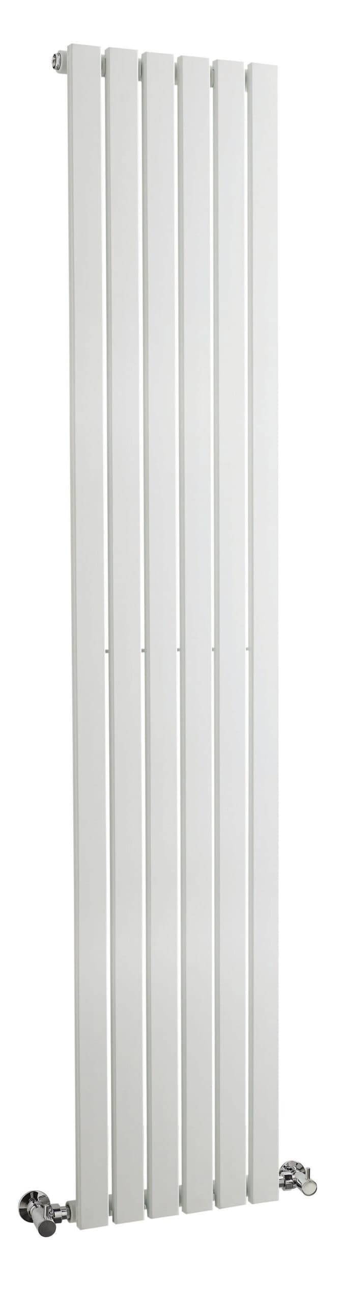 Radiator, modern white vertical heated towel rail for bathroom heating and drying towels, slim design.