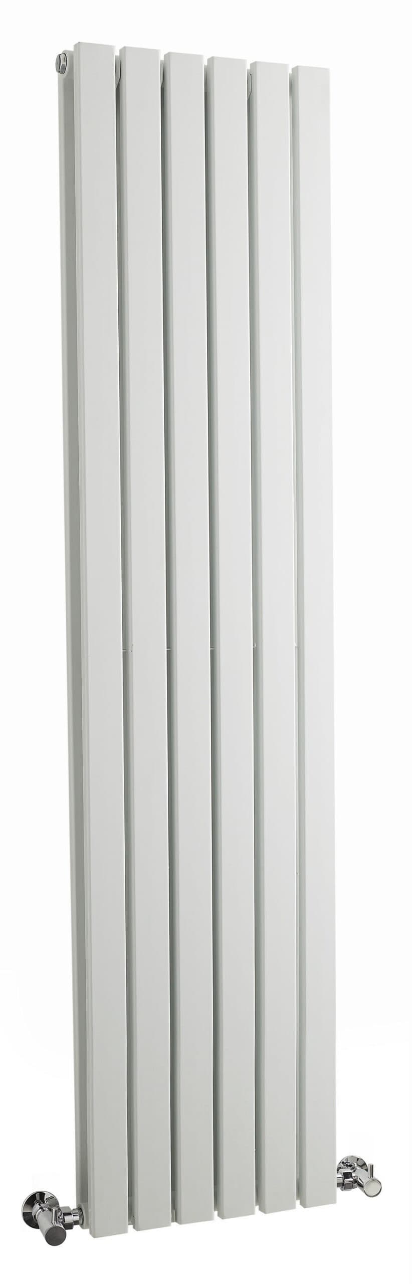 Modern white radiator with sleek vertical panels, ideal for contemporary bathroom heating solutions. Crafted for efficient heat distribution and stylish bathroom decor.