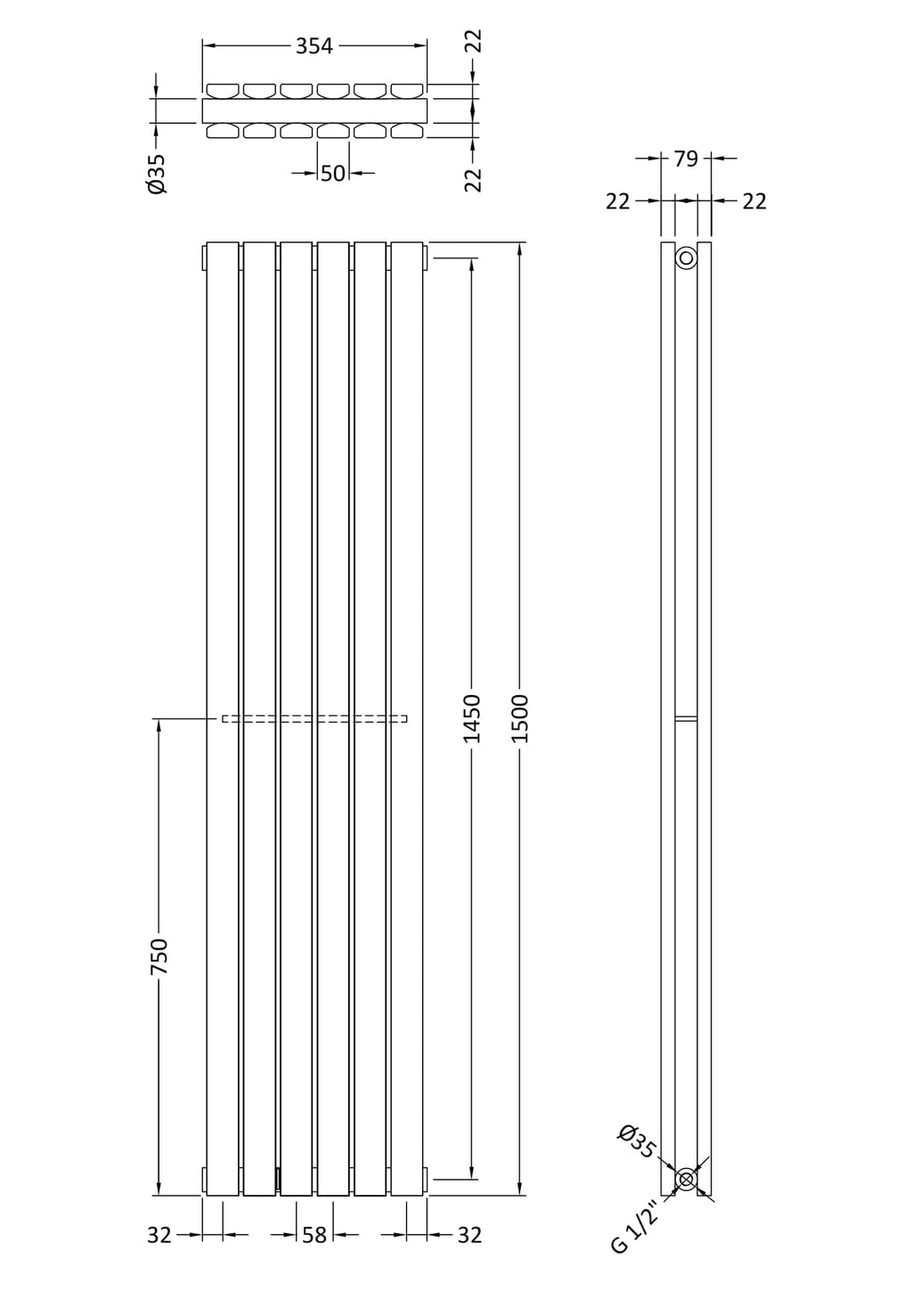 Stylish modern radiator ideal for bathrooms, featuring vertical design with precise measurements; heats spaces efficiently while enhancing bathroom decor.