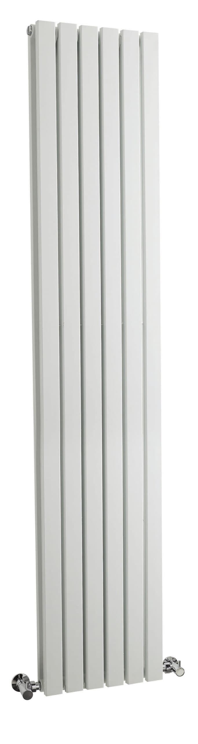 Panel radiator, white vertical radiator for bathroom heating, modern design, energy-efficient, wall-mounted towel radiator, suitable for home interiors.