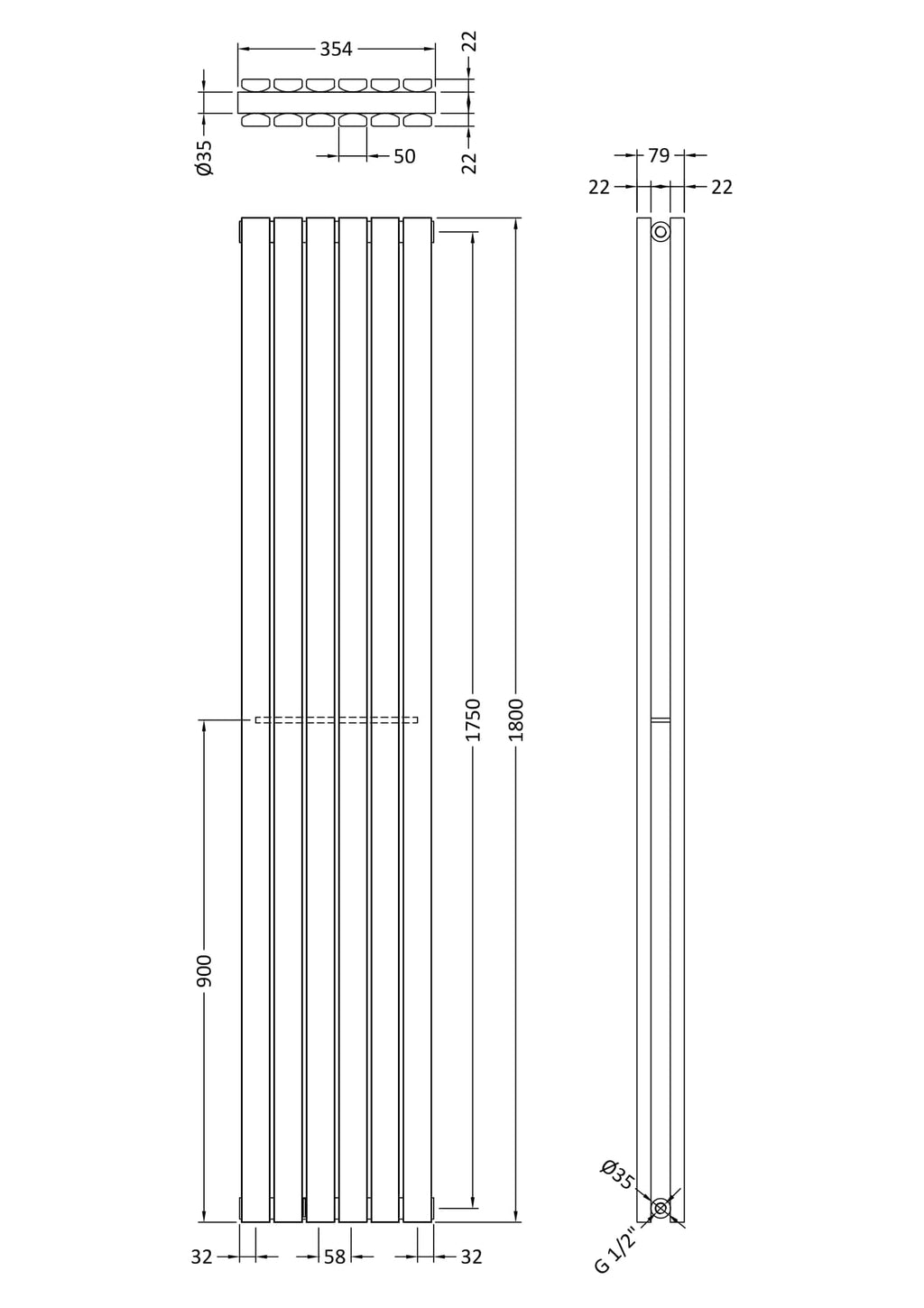 Sleek modern bathroom radiator in chrome finish, 1800mm tall with 5 vertical panels, ideal for contemporary bathroom design and heating efficiency.