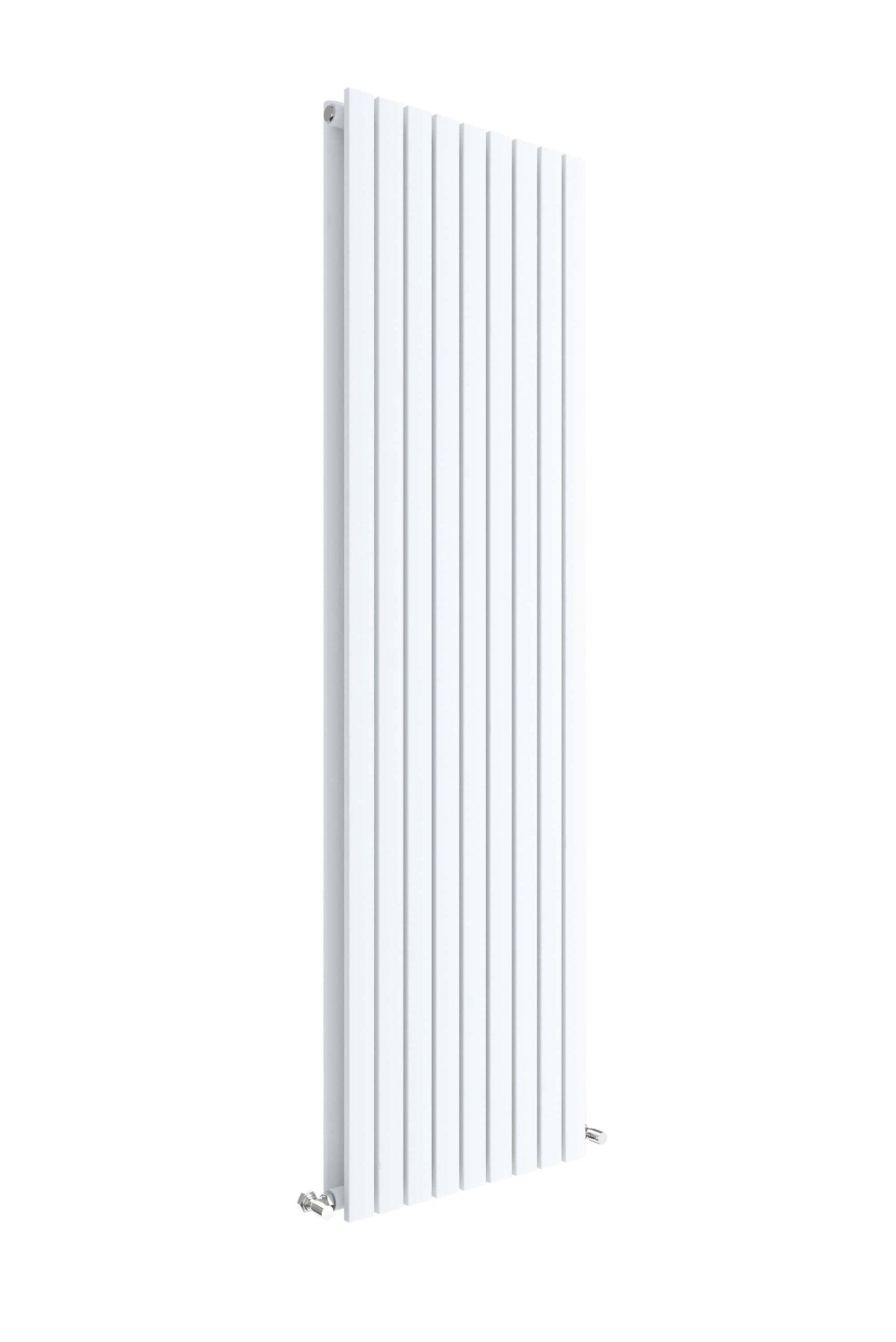 Bright white panel heater radiator, ideal for modern bathrooms and heating solutions, with vertical fins design for efficient heat distribution.
