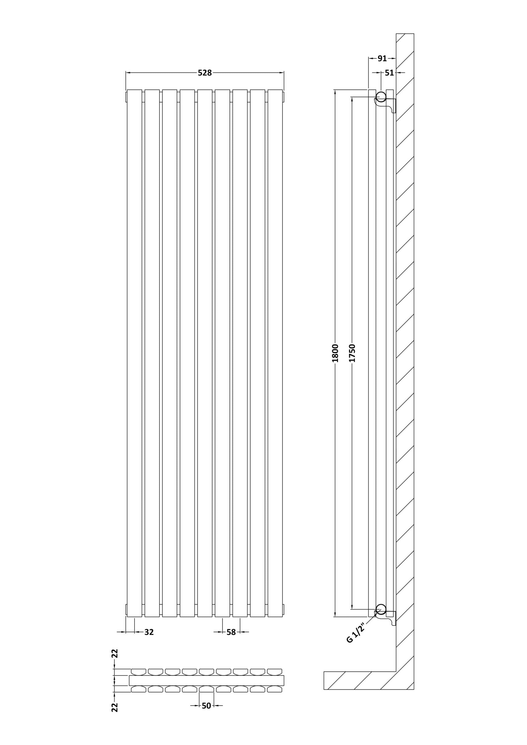 2. Modern vertical radiator design suitable for contemporary bathrooms, featuring precise measurements and easy wall mounting for optimal space utilisation.