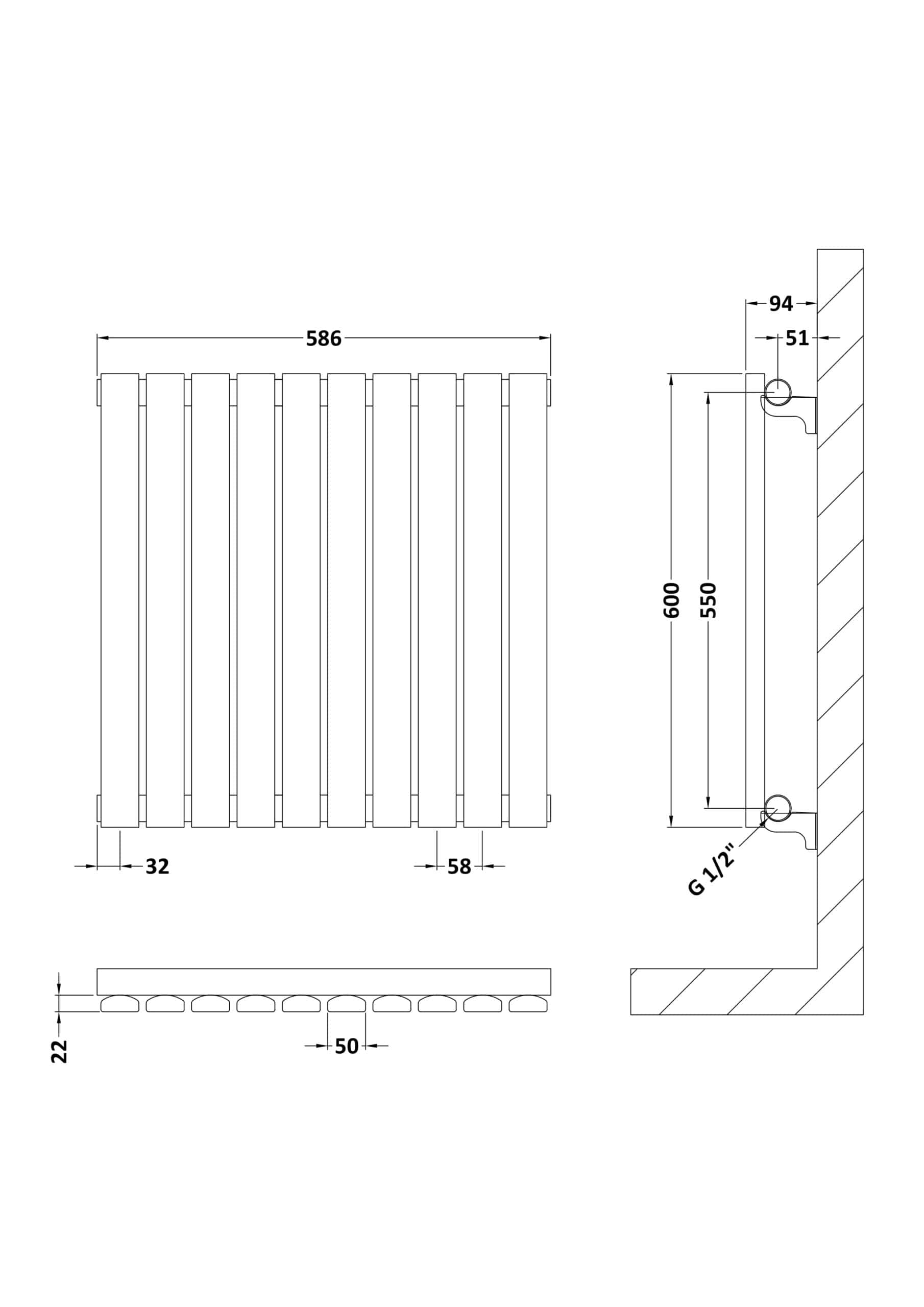 Aluminium radiator with detailed technical measurements for traditional bathroom heating solutions.