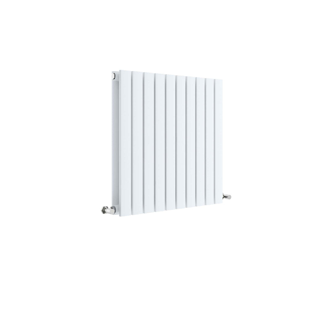 White modern radiator with vertical panels, suitable for contemporary bathroom heating solutions.