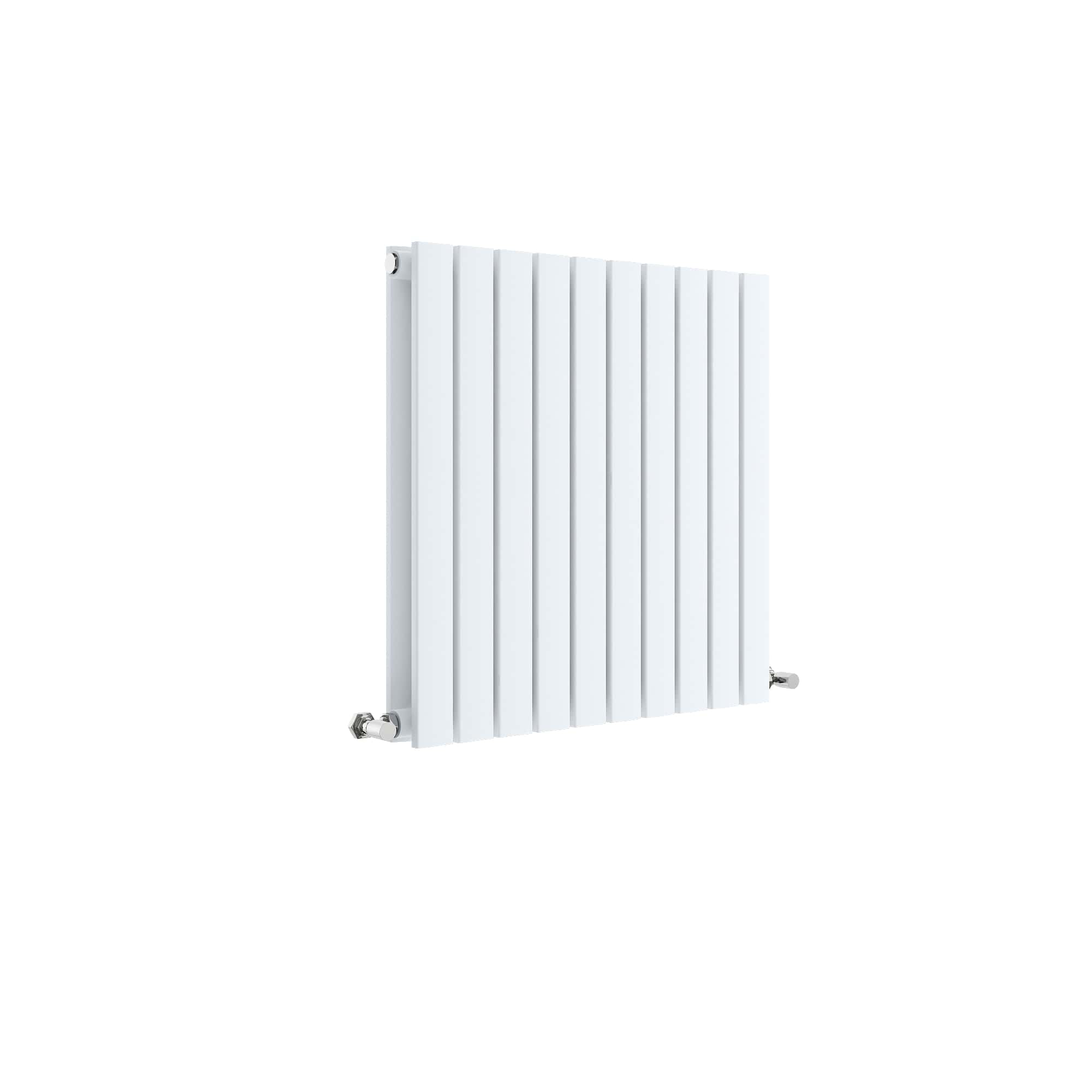White modern radiator with vertical panels, suitable for contemporary bathroom heating solutions.
