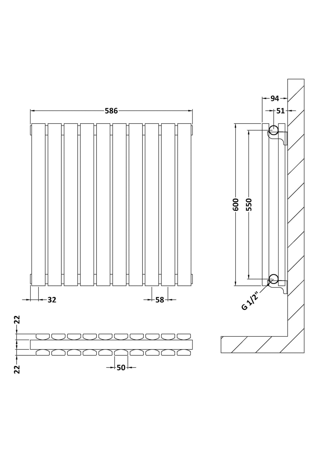 High-quality modern radiator installation for bathrooms, featuring detailed dimensions and plumbing connections, ideal for contemporary Bubly bathrooms.