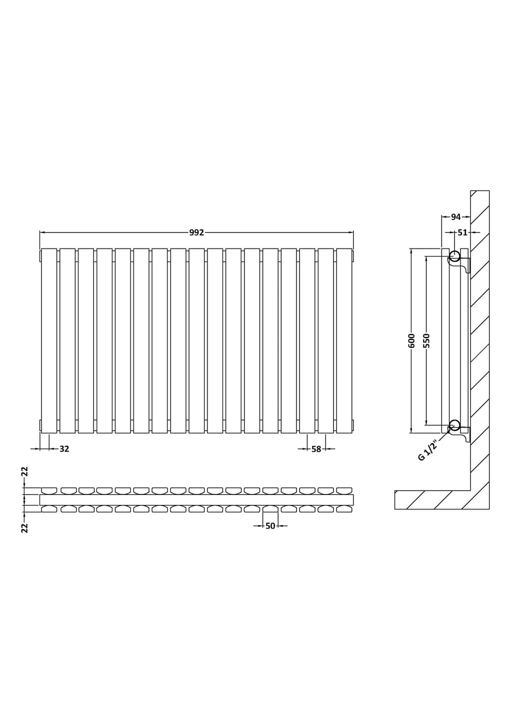 High-quality bathroom radiator design with precise measurements and installation details, ideal for modern bubly bathroom renovations and heating solutions.
