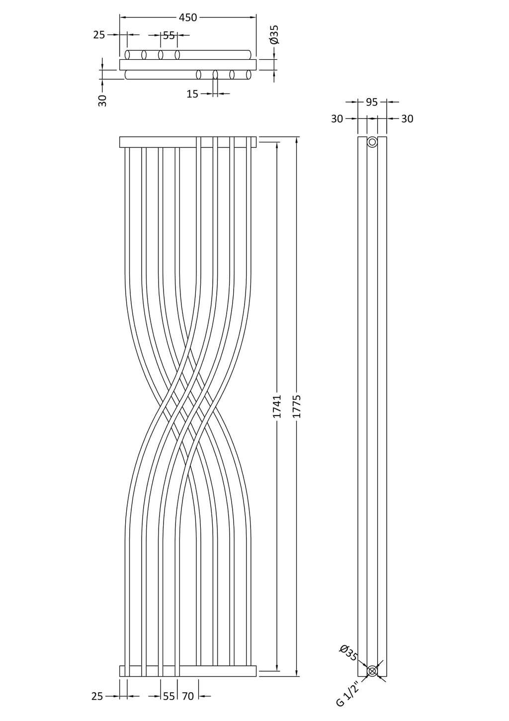 Sleek modern bathroom towel radiator with curved bars, chrome finish, suitable for bathroom heating and drying towels, dimensions 1775mm height, 450mm width, wall-mounted design.
