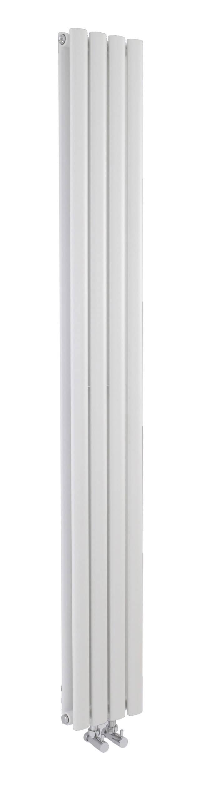 Vertical white radiator with modern design for bathroom heating solutions at Bubly Bathrooms.