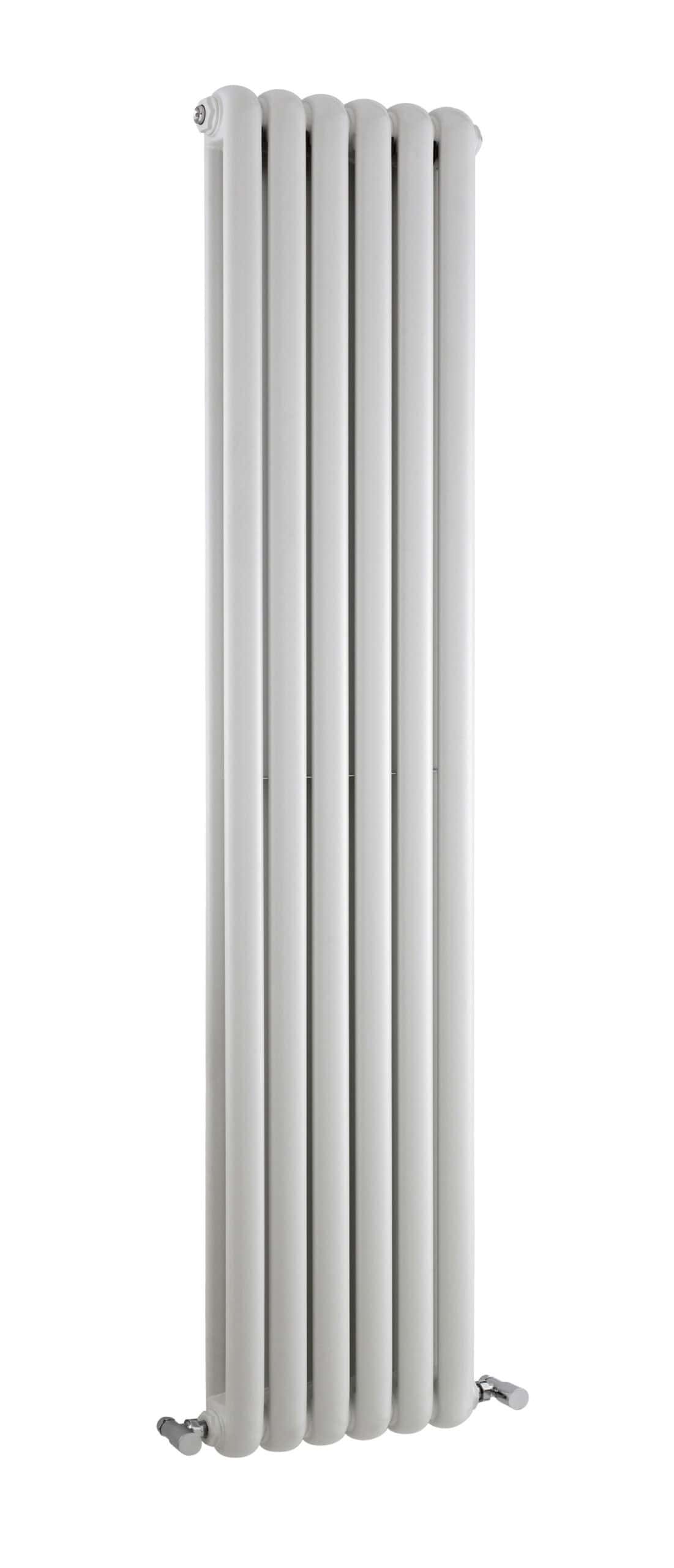 Modern white vertical radiator for bathroom heating. Slim, sleek design ideal for contemporary bathroom decor, providing efficient heat distribution and a stylish look. Perfect for space-saving bathroom heating solutions.