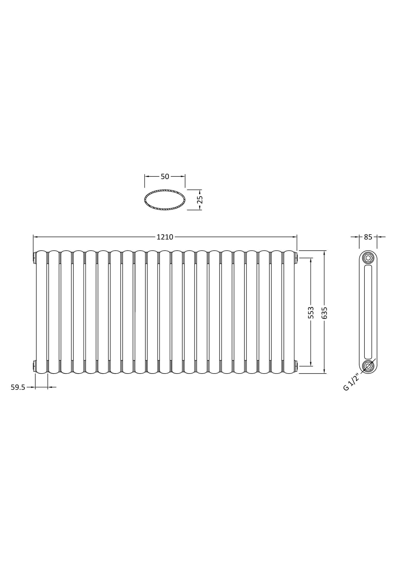 Aluminium flat panel radiator with horizontal bars, measuring 1210mm width and 635mm height, ideal for modern bathroom heating solutions.