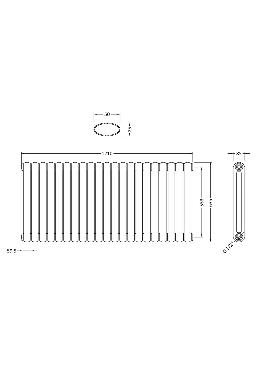 Aluminium flat panel radiator with horizontal bars, measuring 1210mm width and 635mm height, ideal for modern bathroom heating solutions.