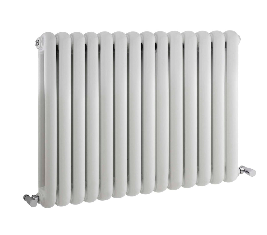 Shiny white cast iron radiator with a modern design, suitable for contemporary bathrooms and heating systems. Features traditional rounded columns and visible connection valves for efficient heat distribution.