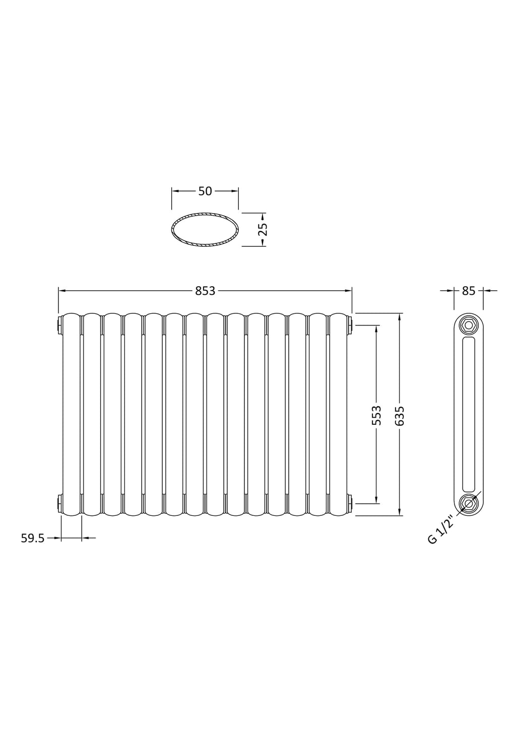 Elegant modern aluminium radiator with 10 vertical panels, 853mm width, 635mm height, suitable for contemporary bathroom heating solutions. Ideal for stylish and efficient bathroom cooling.