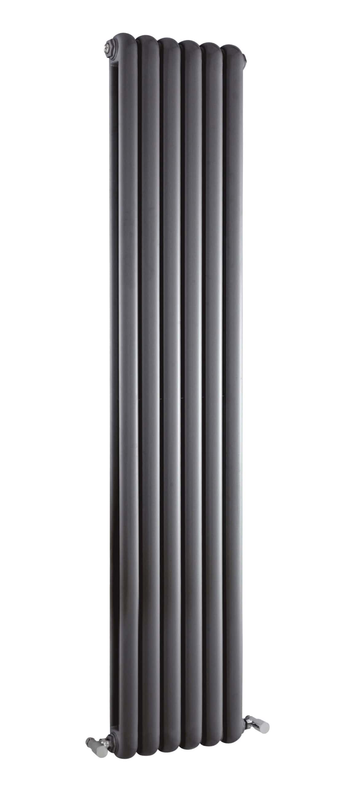 Modern black column radiator for contemporary bathroom heating, combining style and efficiency, perfect for enhancing bathroom decor.