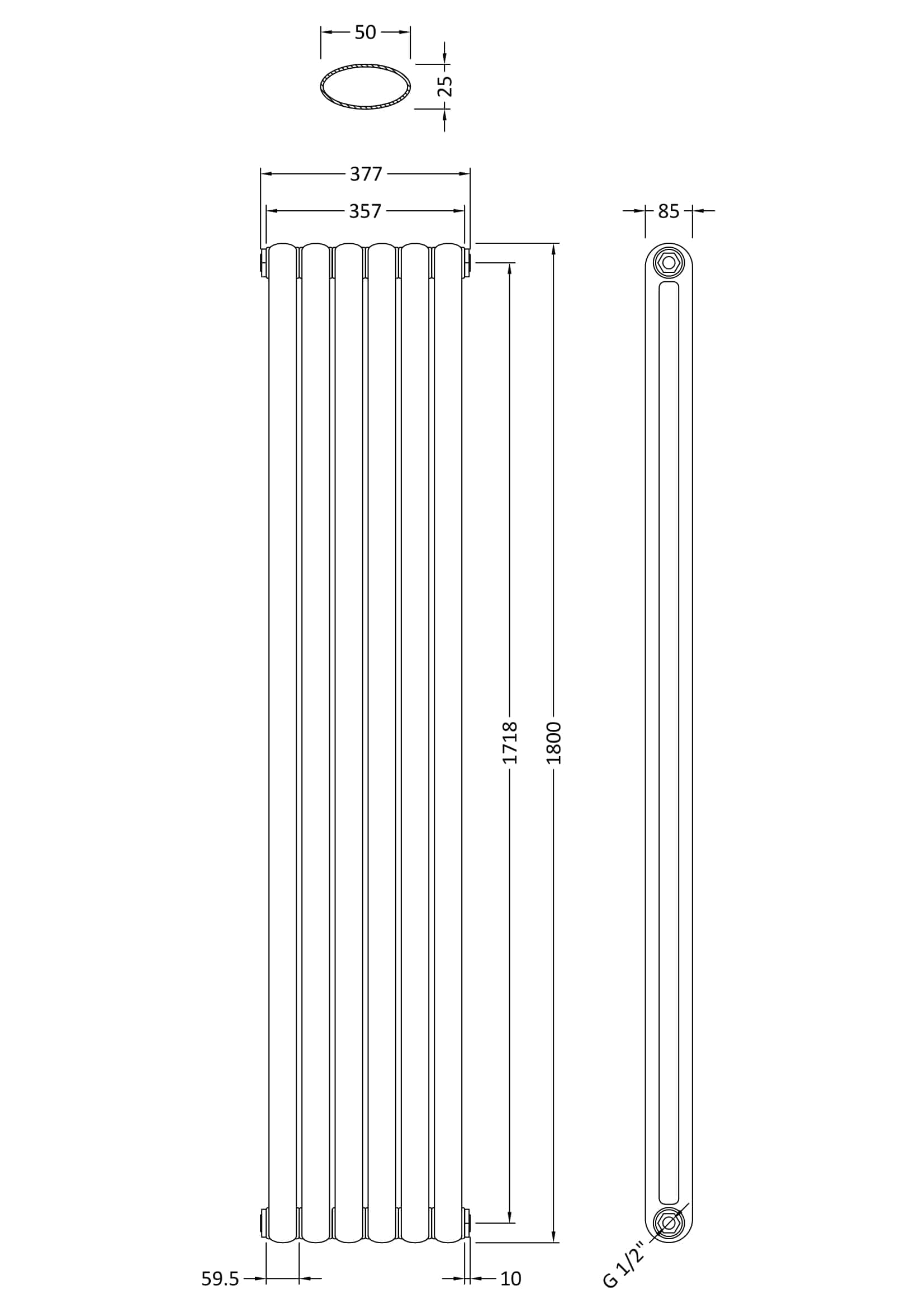 Modern bathroom radiator with sleek vertical design, ideal for contemporary bathroom decor, featuring precise measurements for installation and efficient heating.