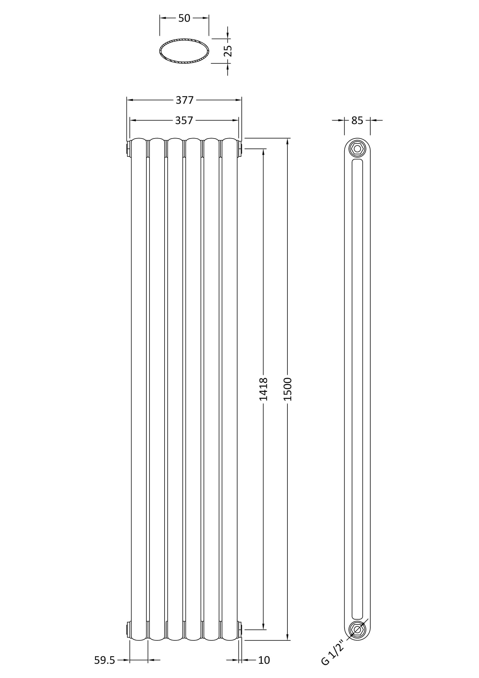 Aluminium radiator for bathroom heating, with dimensions and installation details from Bubly Bathrooms. Ideal for modern bathroom radiator systems and efficient room heating solutions.