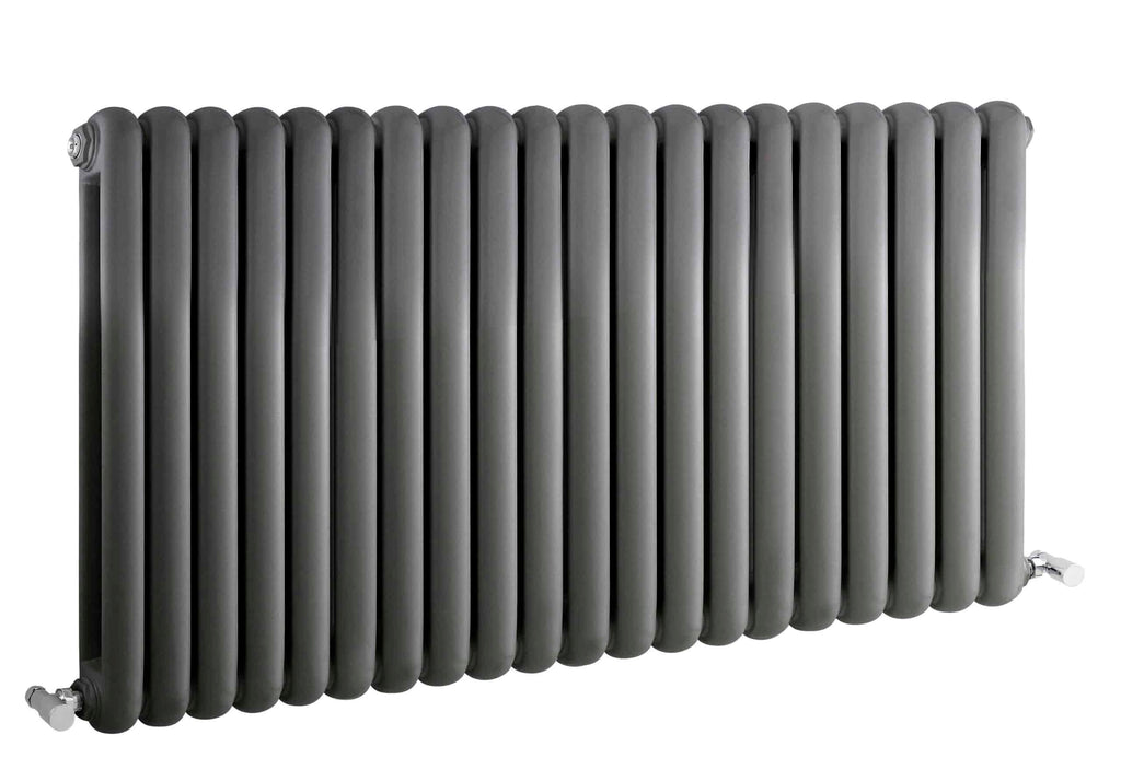 Black central heating radiator with vertical pipes, ideal for modern bathroom heating solutions. Durable, stylish, and designed for efficient warmth distribution.