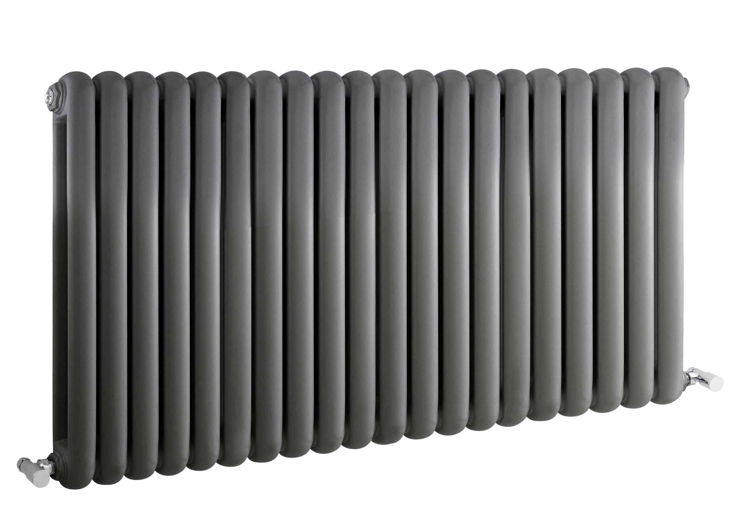 Black central heating radiator with vertical pipes, ideal for modern bathroom heating solutions. Durable, stylish, and designed for efficient warmth distribution.