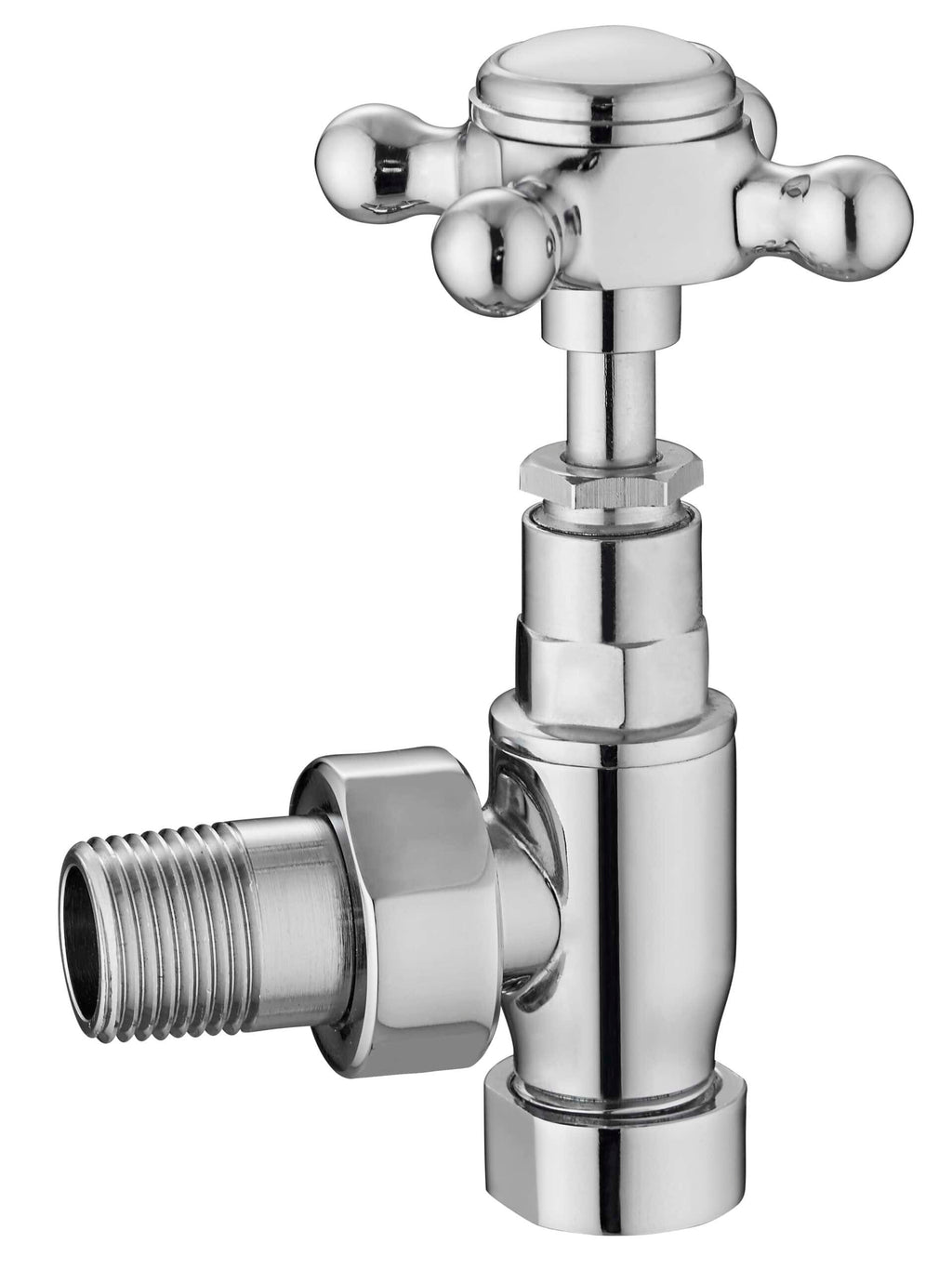 Shiny chrome bathroom bib tap with cross handle, ideal for vintage and traditional bathroom designs.