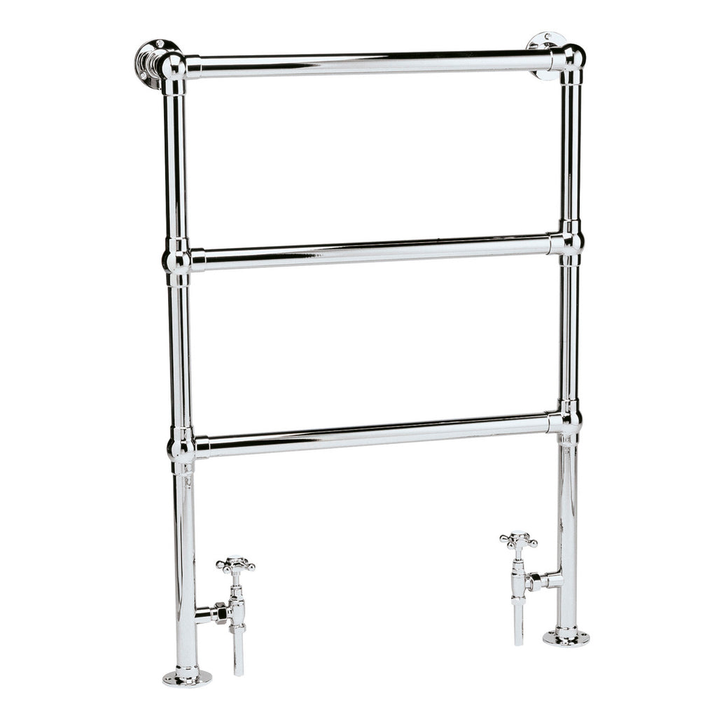 Polished chrome bathroom towel radiator with tiered design, ideal for modern and traditional bathrooms. Durable, stylish, and easy to install, perfect for heating and drying towels in your bathroom.