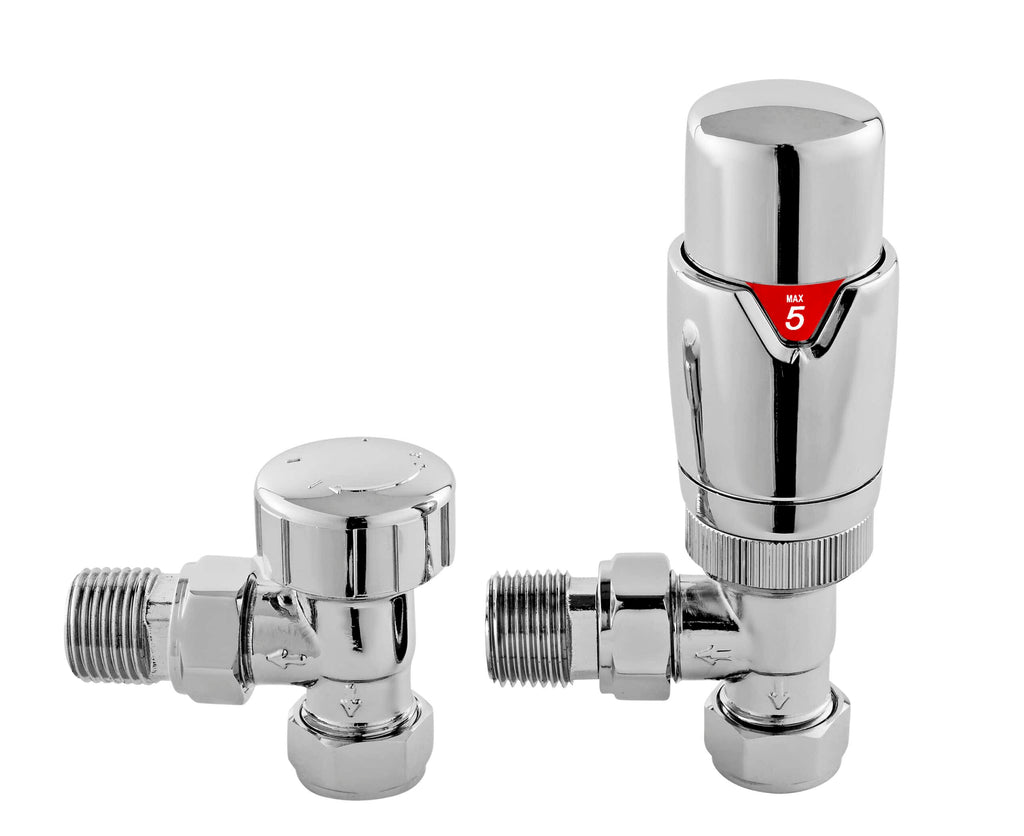 Polished chrome thermostatic radiator valves for bathroom heating systems.