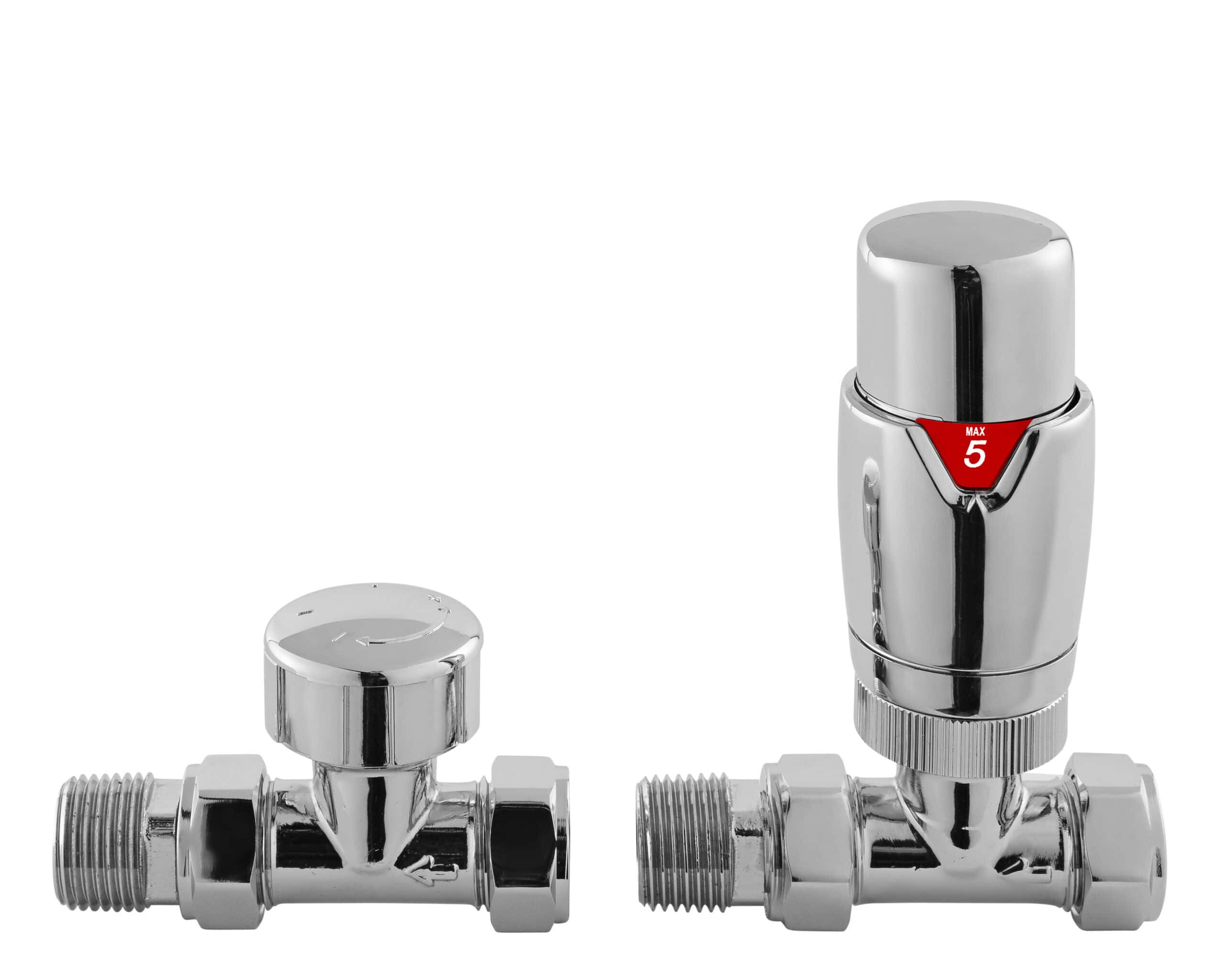 Chrome radiator valves with adjustable thermostatic controls for efficient heating. Perfect for modern bathroom radiator systems, ensuring precise temperature regulation and a sleek, stylish look.