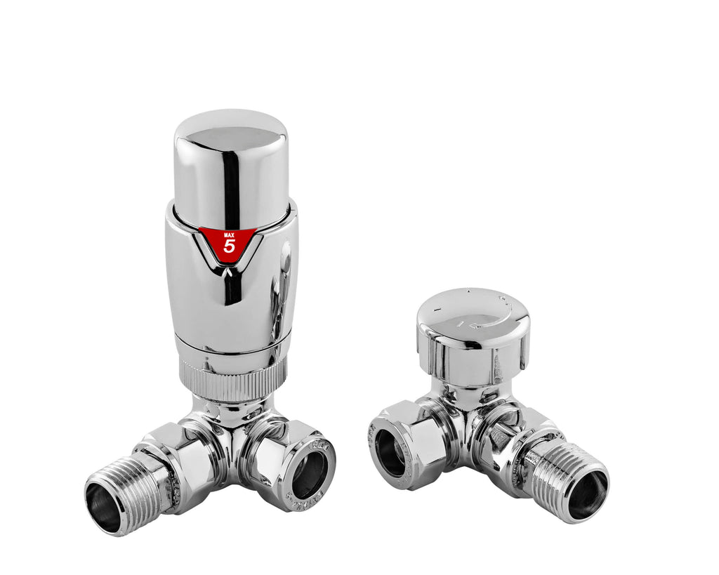 Shiny chrome radiator valves with adjustable thermostatic controls for bathroom heating systems. Perfect for modern bathroom radiator installation and upgrade.