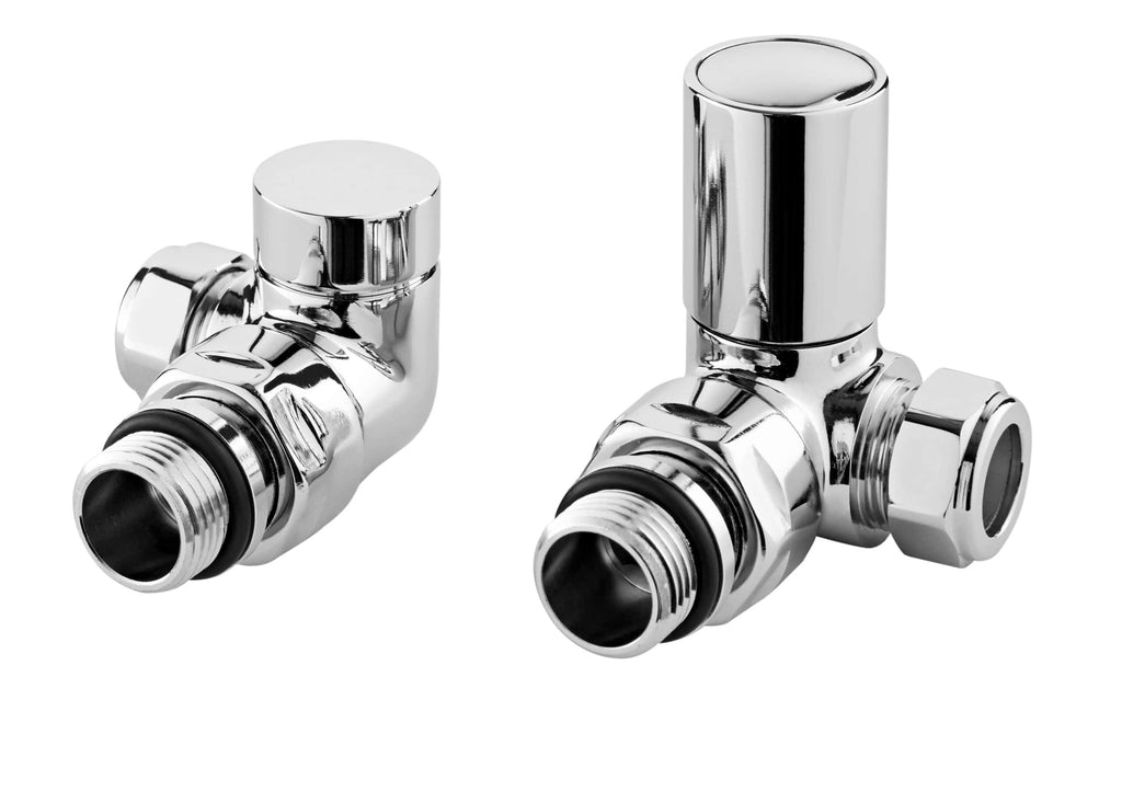 Shiny chrome radiator valves for bathroom heating system, ideal for modern Bubly bathrooms. Durable, stylish, and easy to install for optimal water flow control.