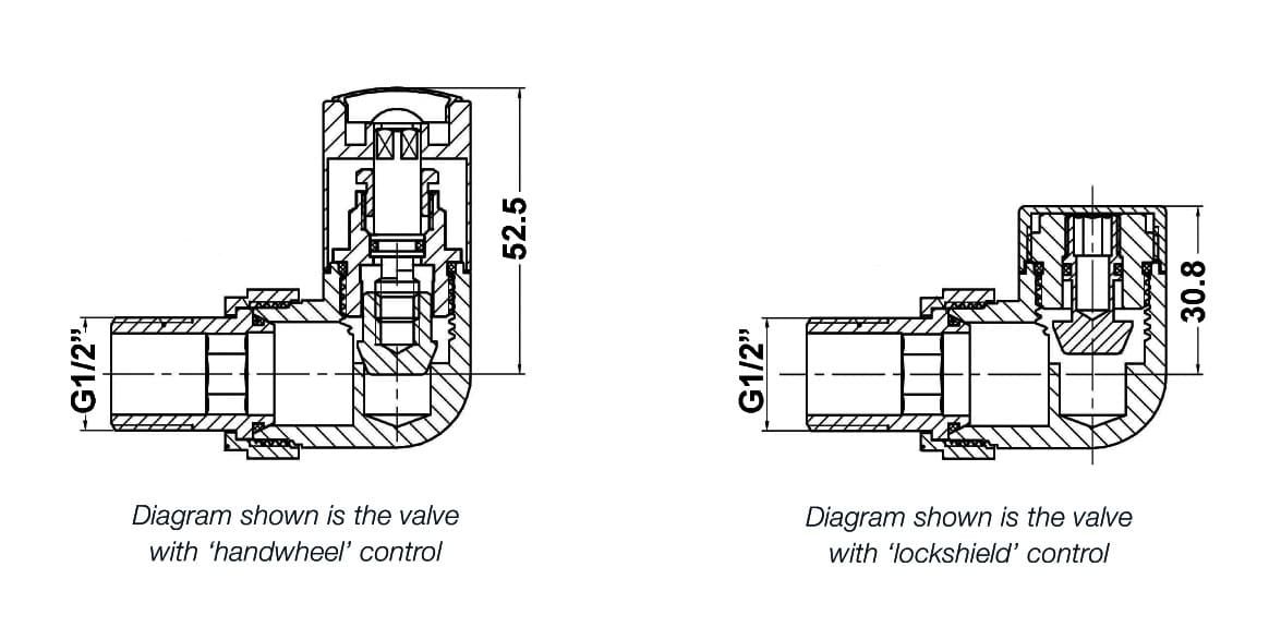 Threaded valve diagram with 'handwheel' and 'lockshield' controls, technical plumbing component for bathroom fixtures.