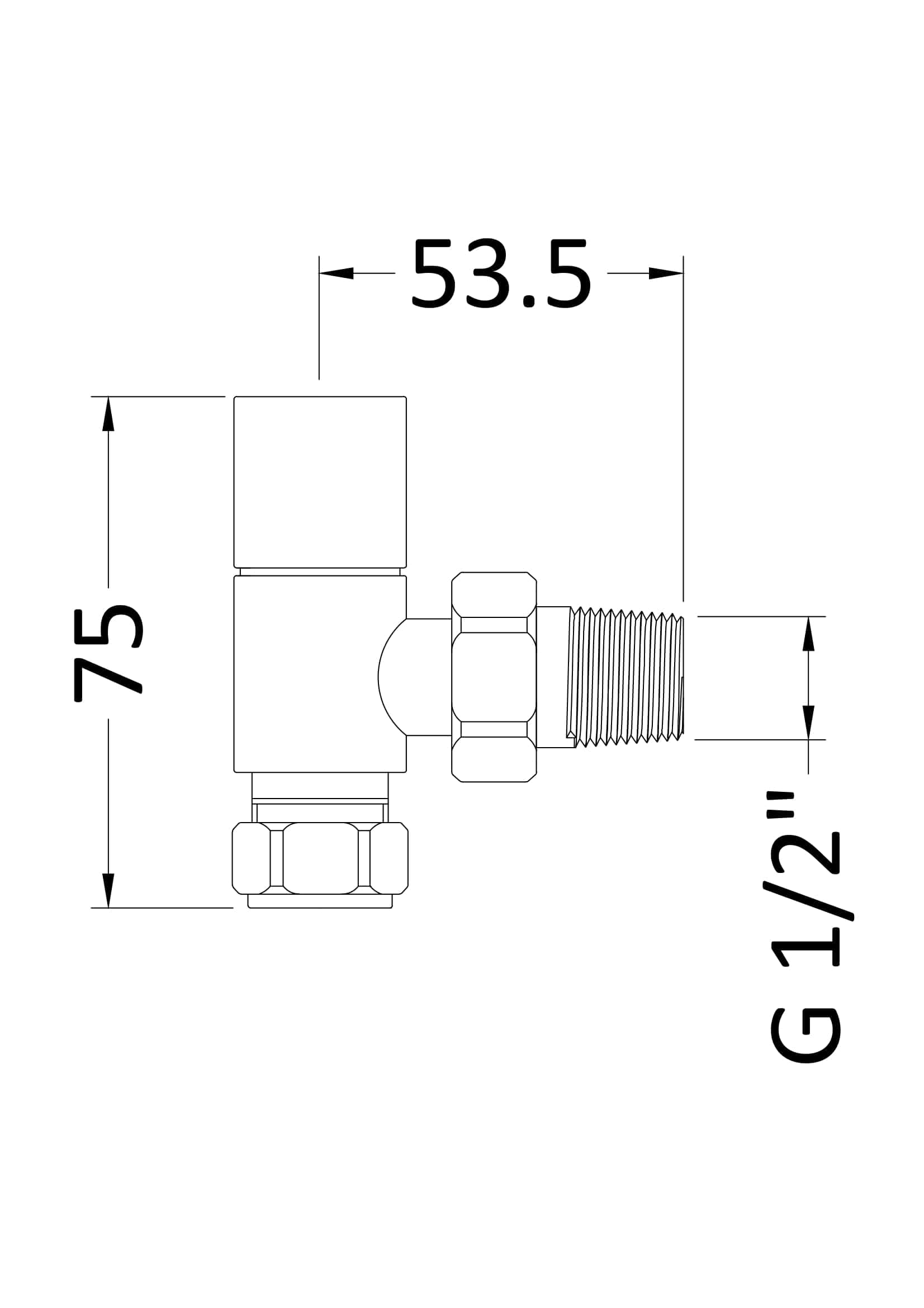 High-quality bathroom valve fitting with threaded connection, 75mm height, 53.5mm width, suitable for bubly bathrooms and plumbing installations in UK bathrooms.