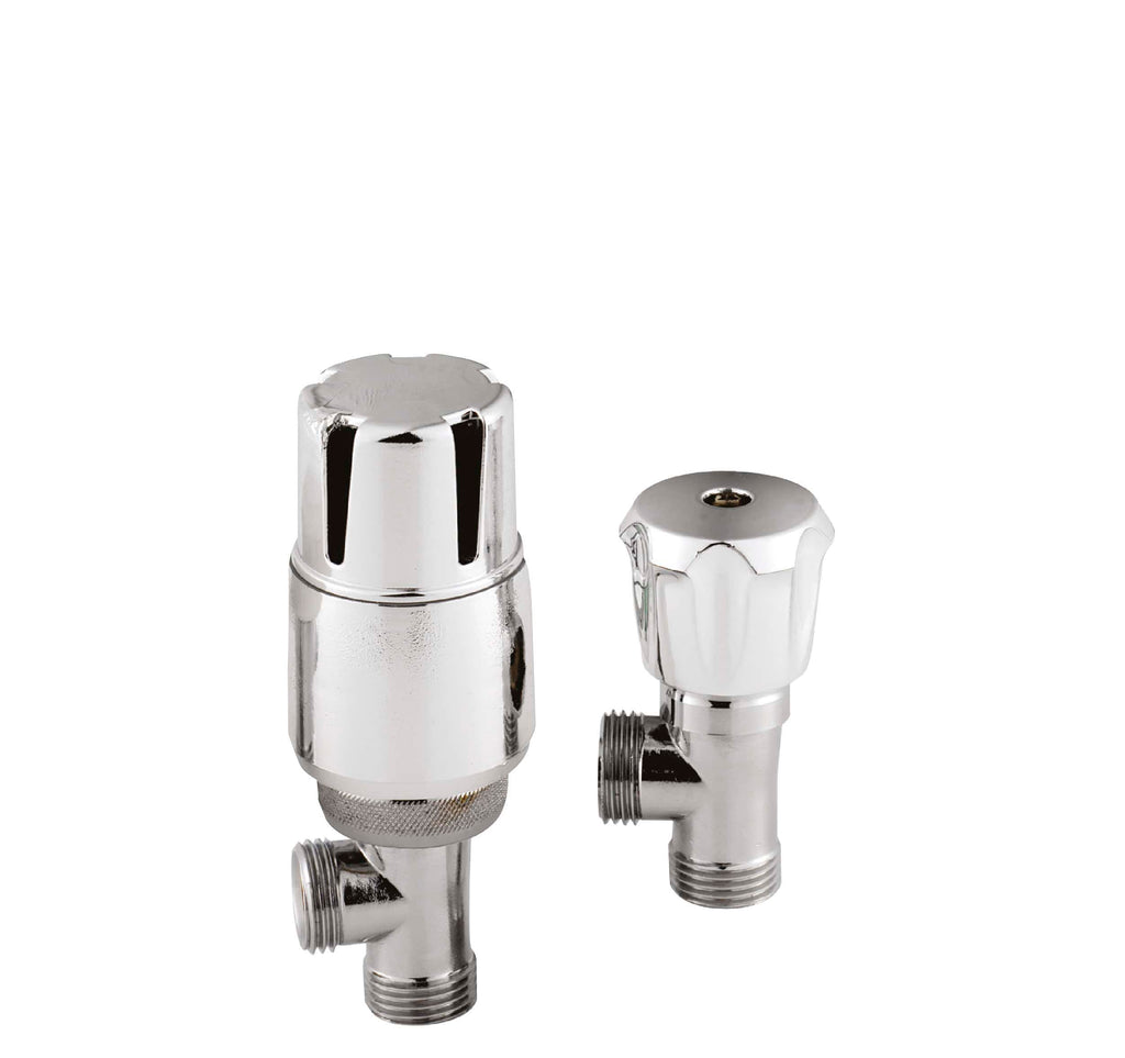 Polished chrome radiator valves set for bathroom heating systems, featuring thermostatic control and easy installation for modern bathroom decor.