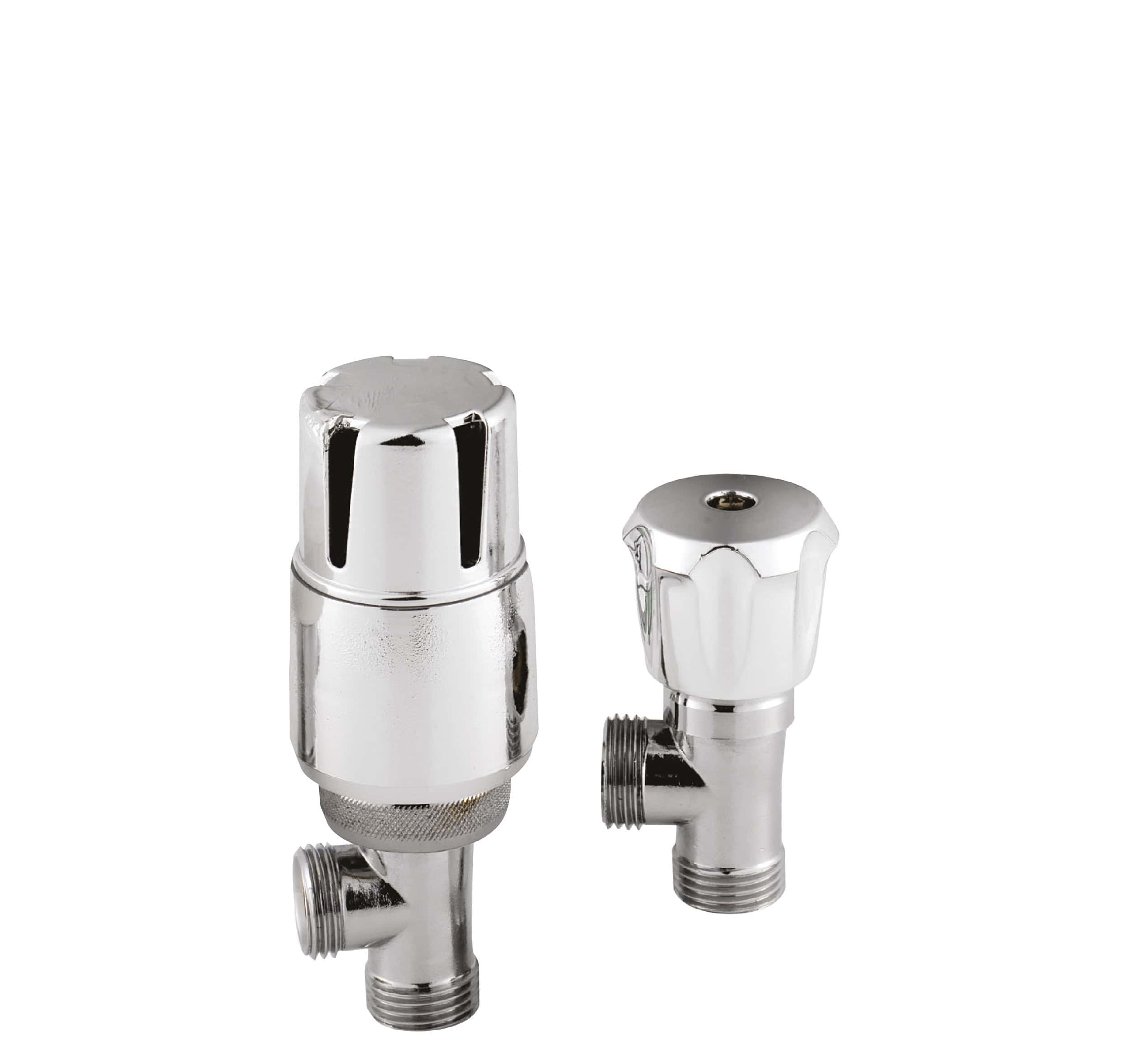 Polished chrome radiator valves set for bathroom heating systems, featuring thermostatic control and easy installation for modern bathroom decor.