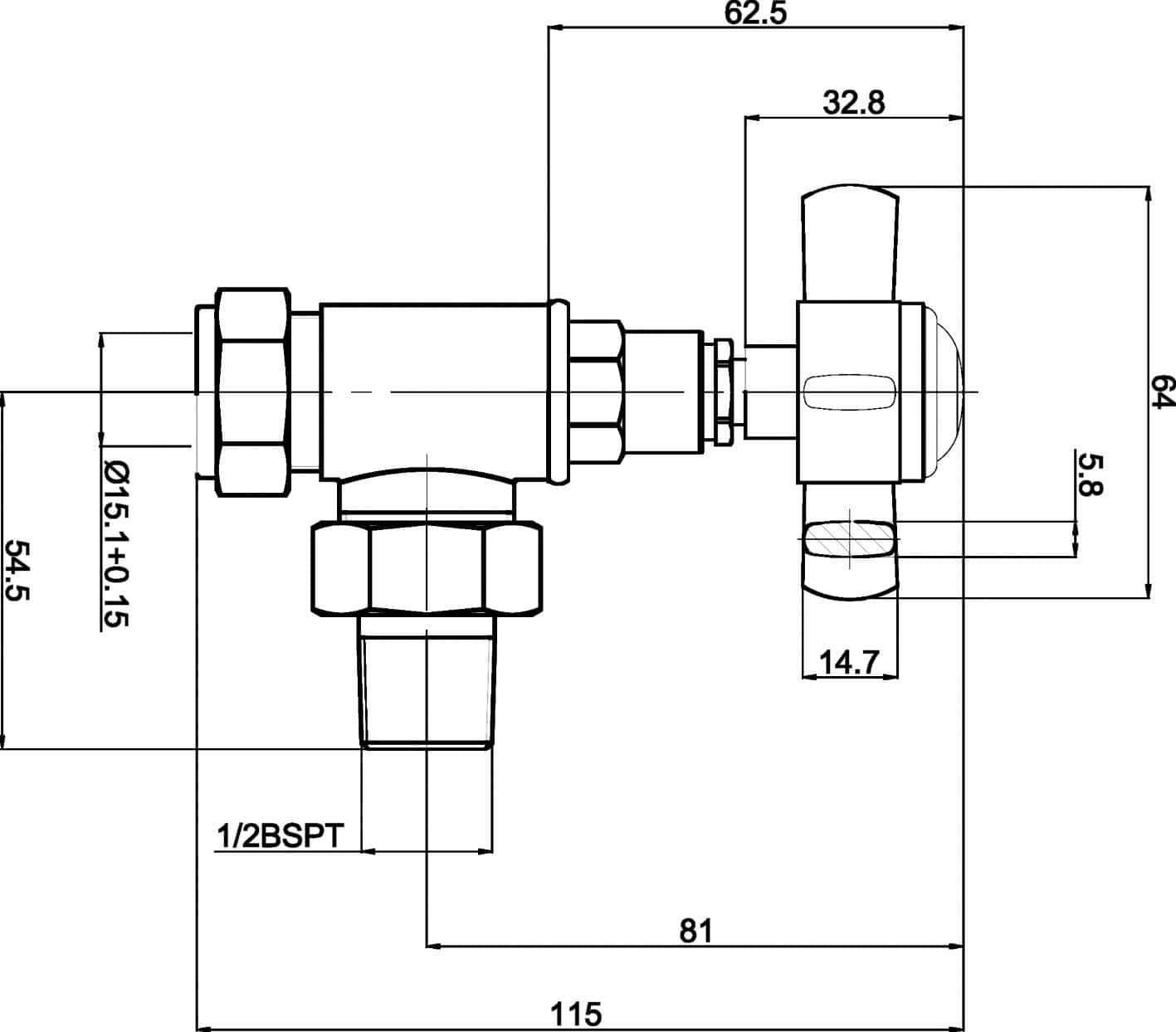 High-quality bathroom valve technical drawing with detailed measurements for plumbing installations and bathroom fixtures.