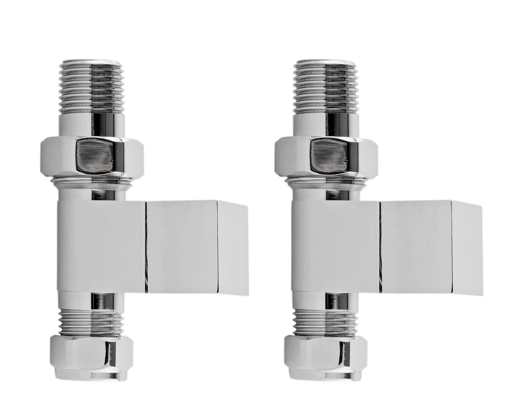 Chrome radiator valve fittings for bathroom heating systems. Modern, sleek design ideal for bathroom radiators. High-quality material ensures durability and secure installation. Perfect for home renovation.
