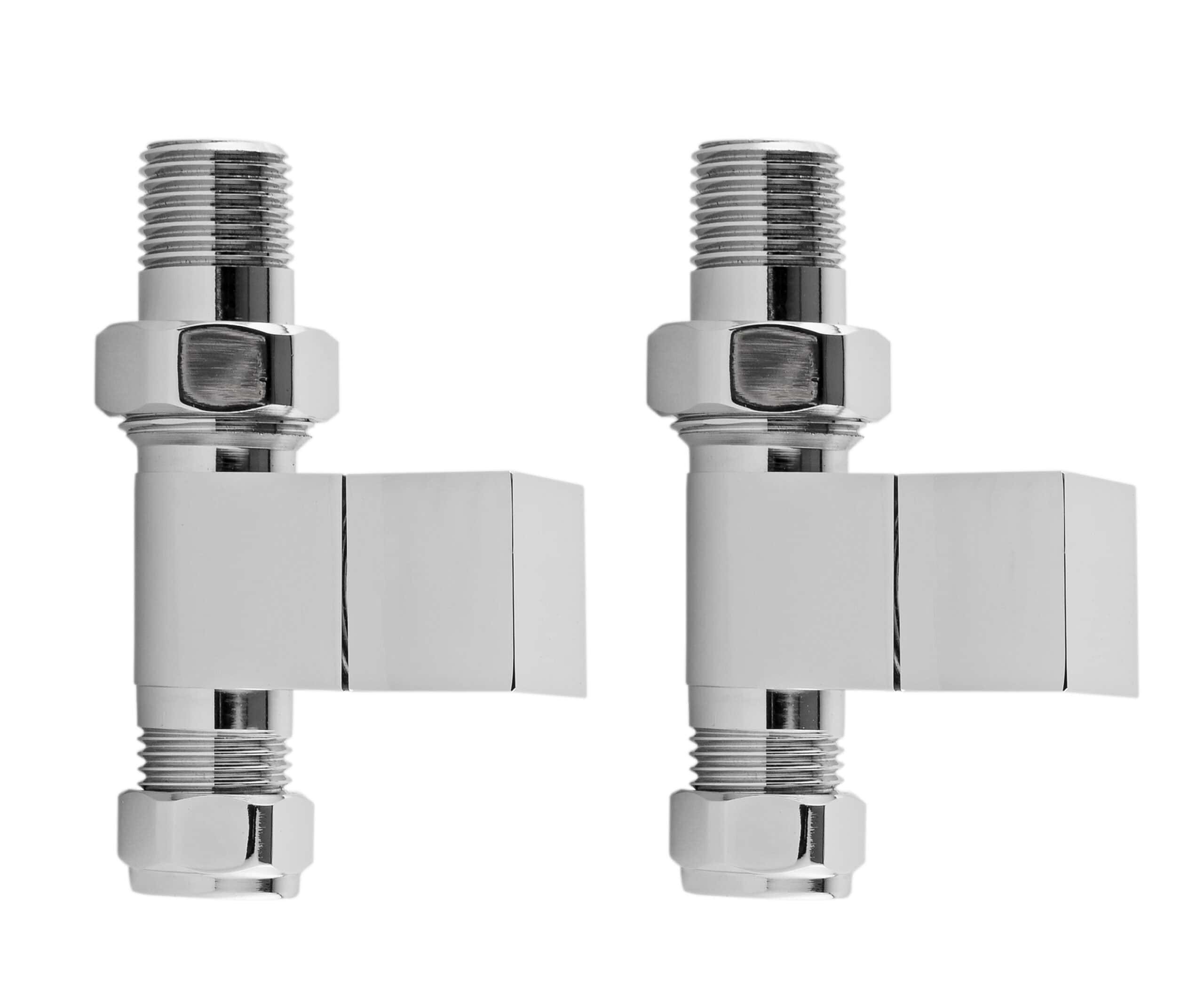 Chrome radiator valve fittings for bathroom heating systems. Modern, sleek design ideal for bathroom radiators. High-quality material ensures durability and secure installation. Perfect for home renovation.