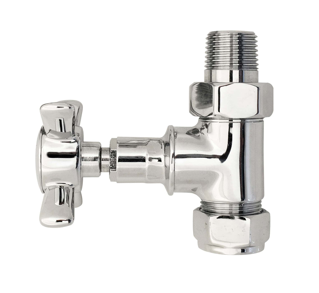 Metal radiator valve with chrome finish for bathroom heating control and installation.