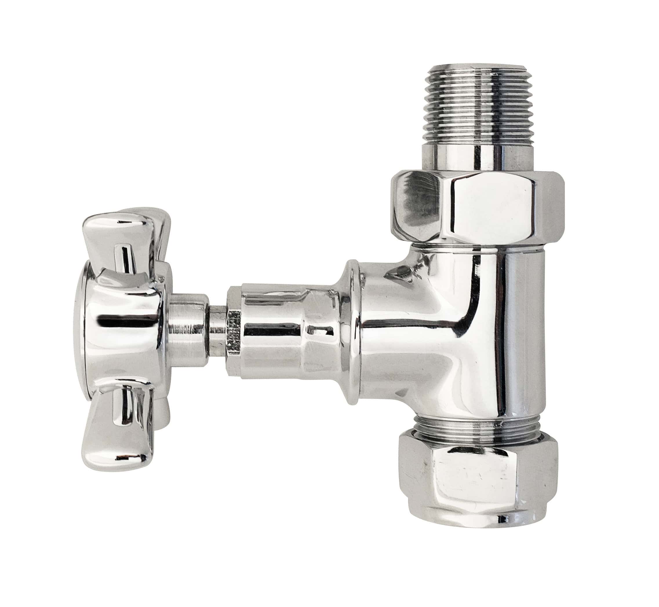 Metal radiator valve with chrome finish for bathroom heating control and installation.