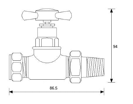 Brass bathroom tap with two handles and side spout, detailed technical drawing with measurements.