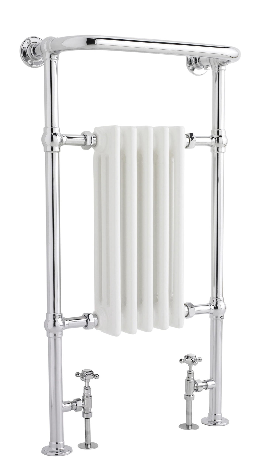 Polished chrome radiator towel rail with vintage style valves, perfect for luxury bathrooms and heating solutions.