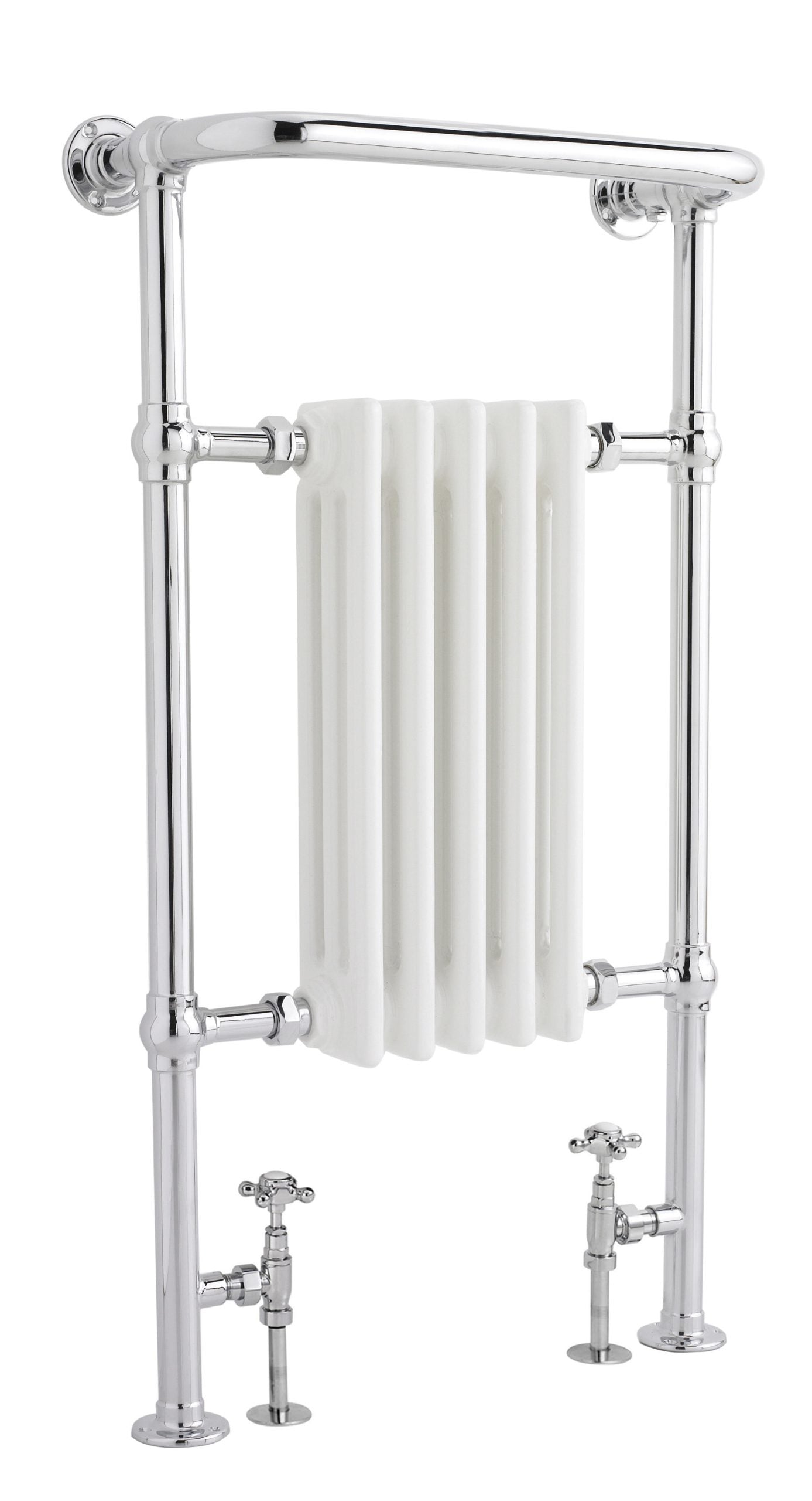 Polished chrome radiator towel rail with vintage style valves, perfect for luxury bathrooms and heating solutions.