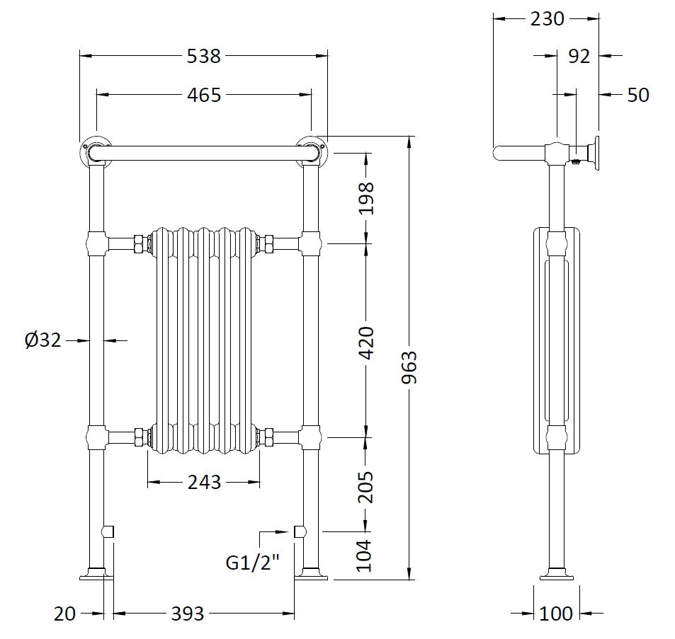 Radiator towel rail design drawing with detailed measurements and specifications for bathroom heating installation.