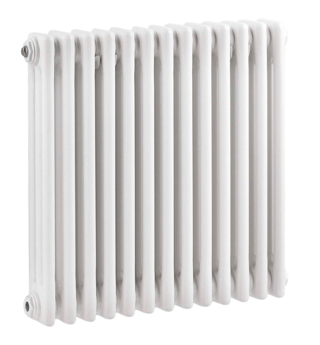 Radiator for bathroom heating, white horizontal panel radiator, modern central heating radiator for bathrooms, chrome pipe connection, Bubly Bathrooms product image.