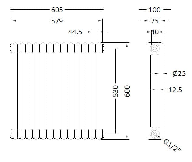 Vertical radiator with detailed dimensions, ideal for modern bathroom heating solutions from Bubly Bathrooms.