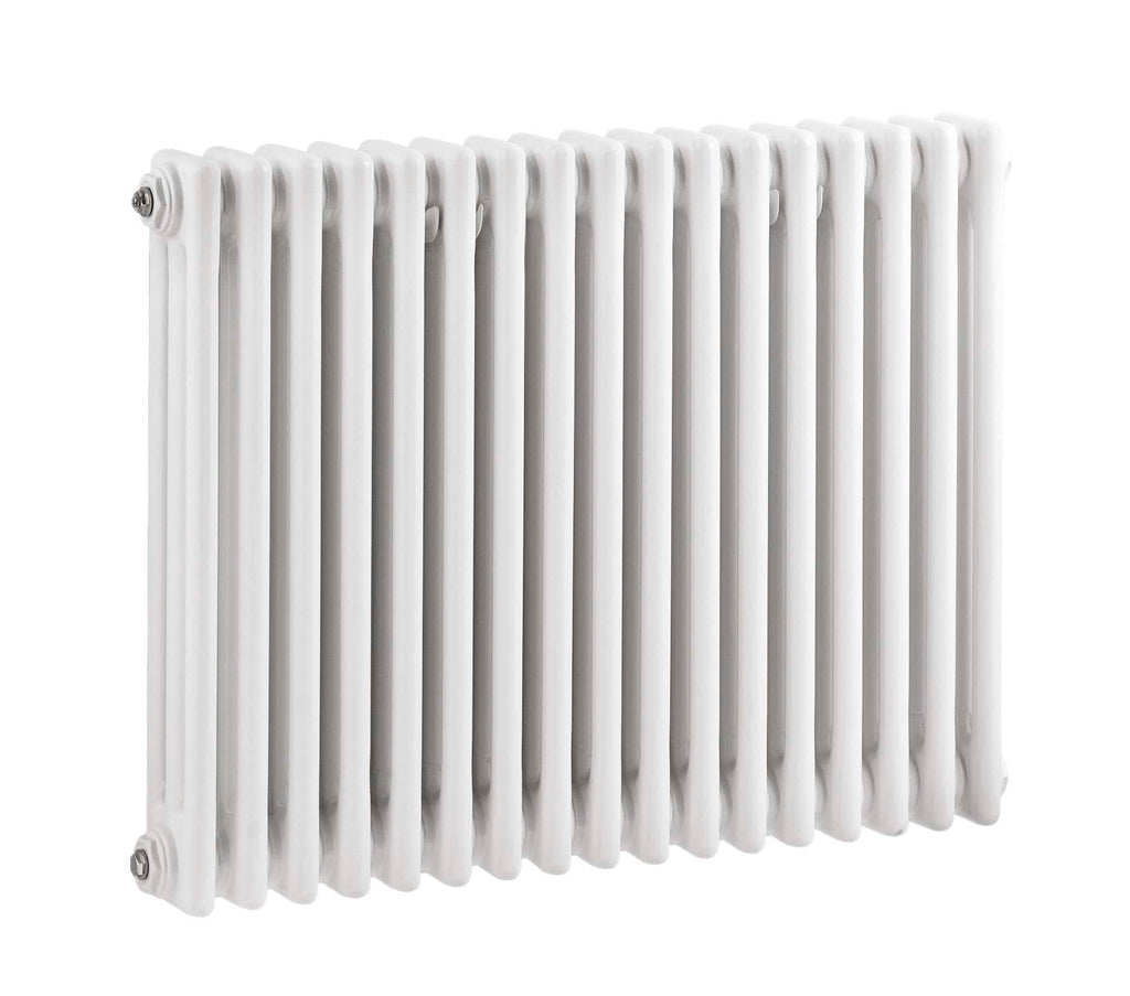 Modern white radiator for bathroom heating and design.