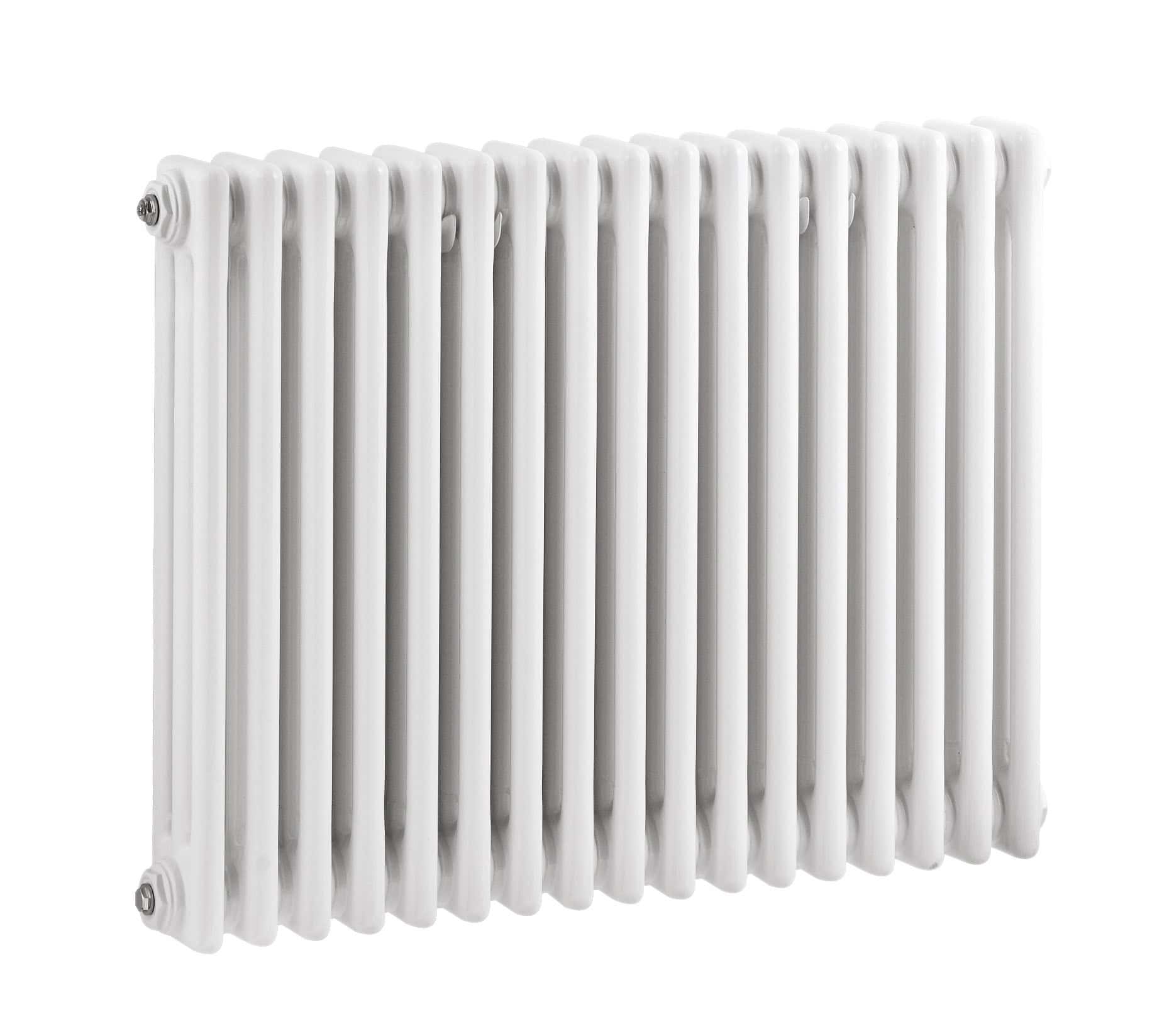 Modern white radiator for bathroom heating and design.
