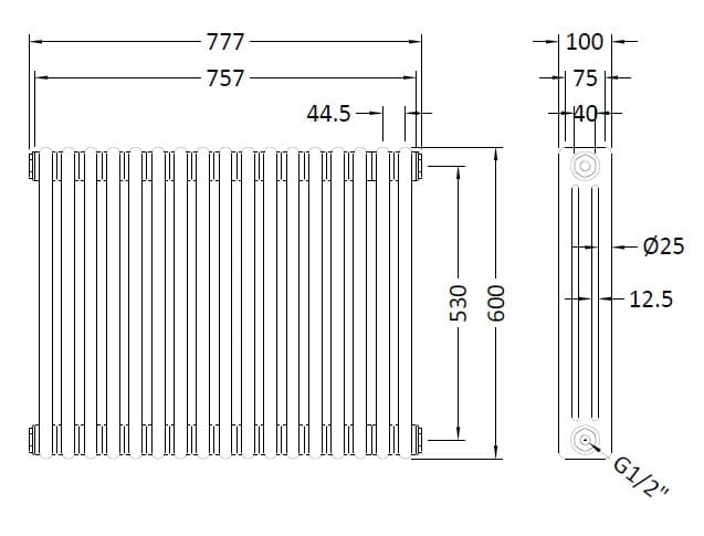 Aluminium radiator with detailed technical measurements for bathroom heating, featuring vertical fins, precise dimensions, and connections, suitable for modern bathroom radiator installations.