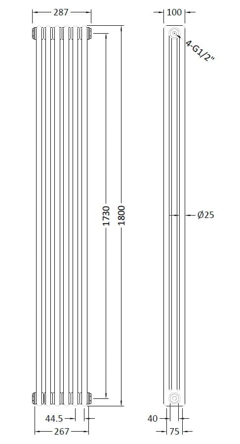 Aluminium towel radiator with 18 sections, 1800mm height, 287mm width, suitable for modern bathrooms, heat-efficient design, and easy installation.
