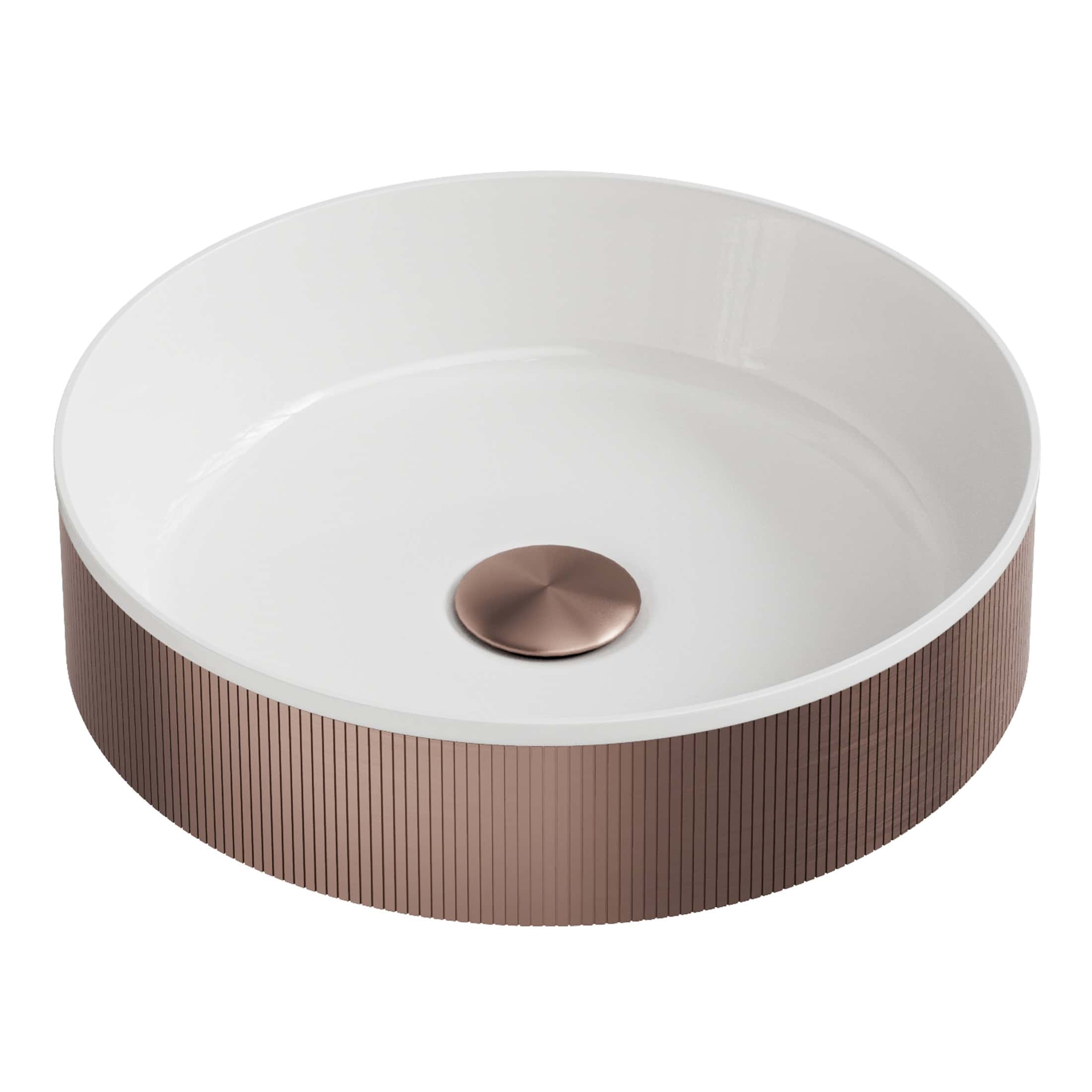 Sleek modern bathroom sink with a white ceramic basin and textured brown exterior, featuring a bronze drain cover, perfect for contemporary bathroom design.